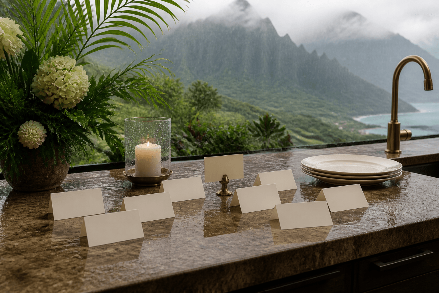 A Princeville stone counter in rain with blank cream place cards, brass clip, misted mountains.