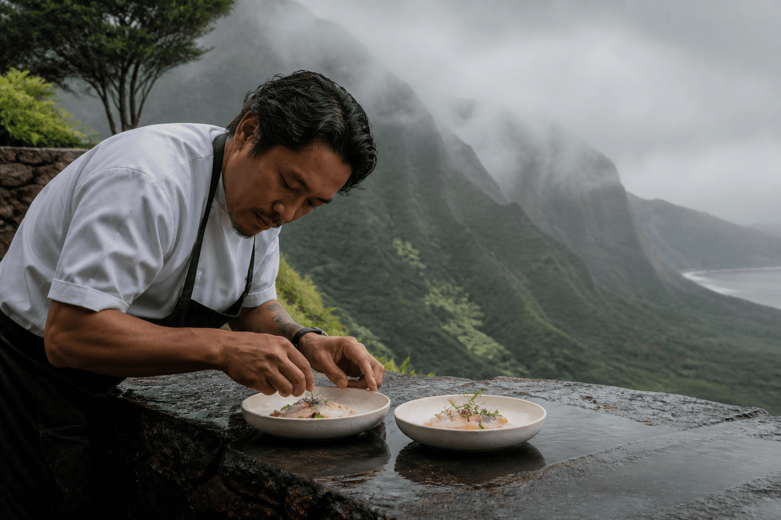 A chef plating two intimate ivory dishes on a wet Princeville stone terrace, misted mountains.