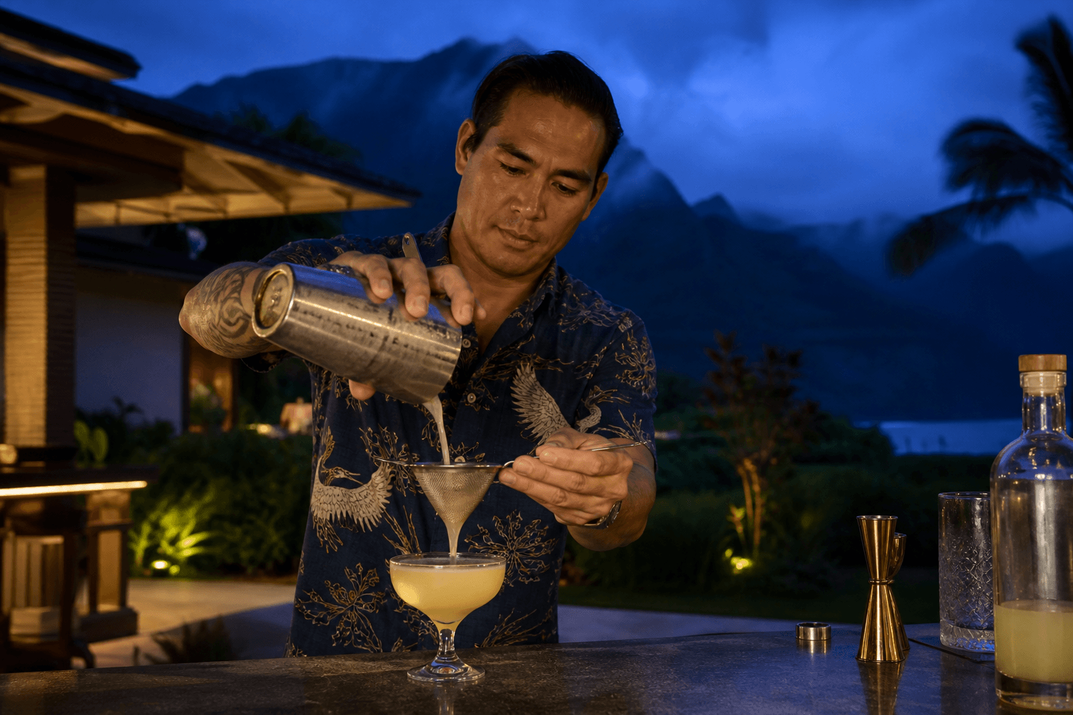 A bartender straining a citrus cocktail on a Kauaʻi estate terrace at blue hour, misted mountains.