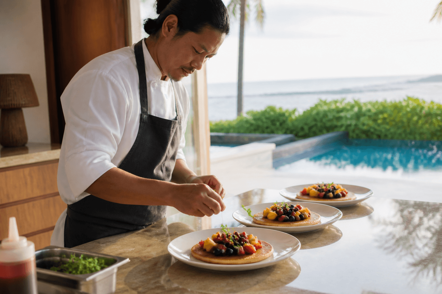 A chef plating morning breakfast on ivory plates in a Poʻipū kitchen, pale south-shore light.
