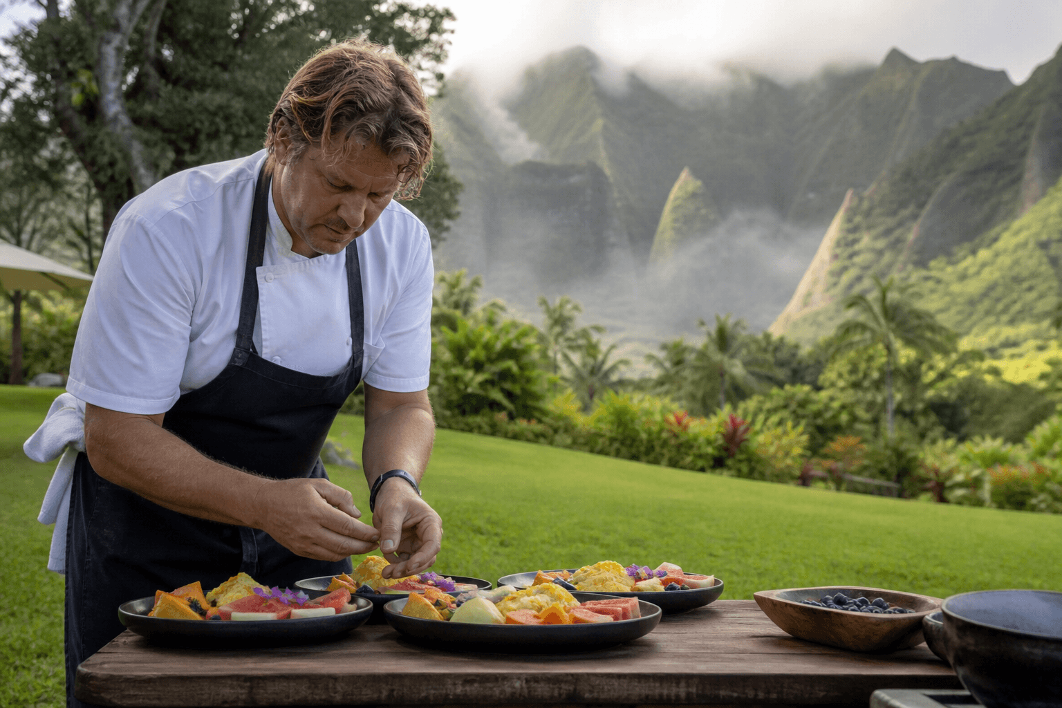 A chef plating recovery brunch fruit and eggs on a Kauaʻi estate lawn in morning mist, fluted mountains.