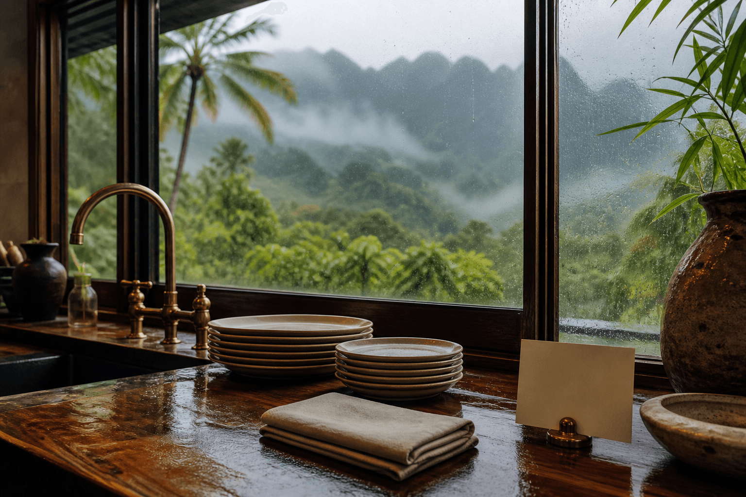Stacked plates and folded sand linen on a wet Princeville kitchen counter after service.