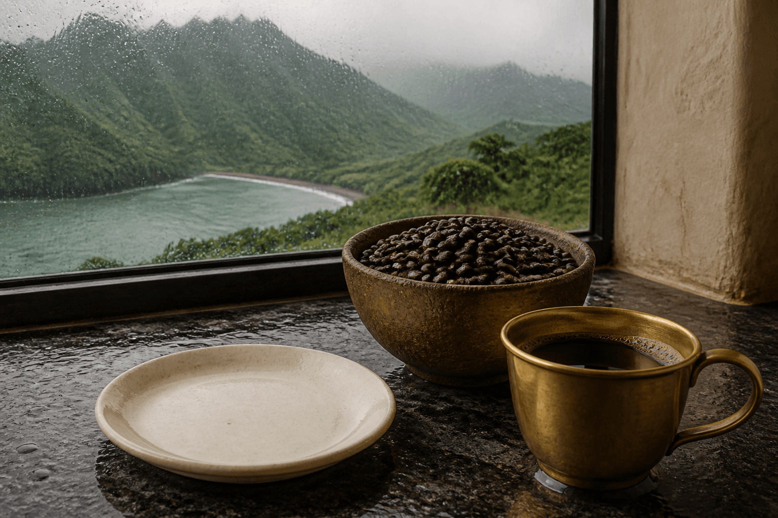 Unmarked roasted coffee beans in a clay bowl and a brass cup on a wet Princeville stone counter.