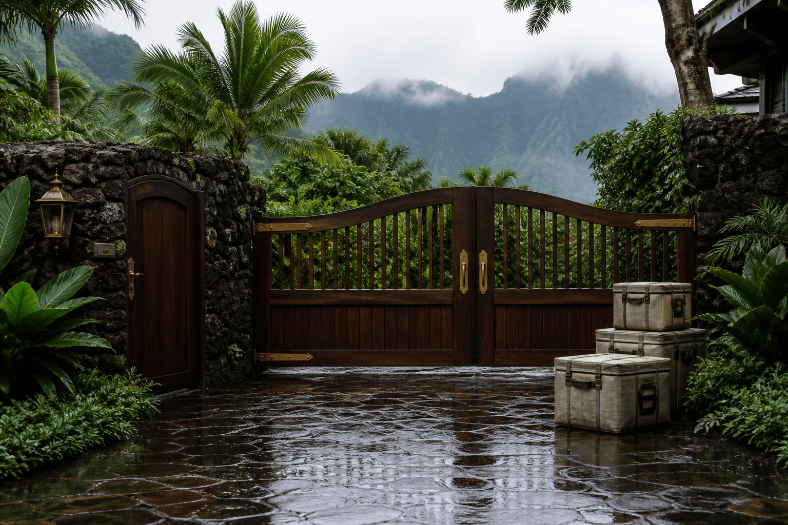 Stacked canvas coolers beside a closed Princeville gate on wet stone, no logos.