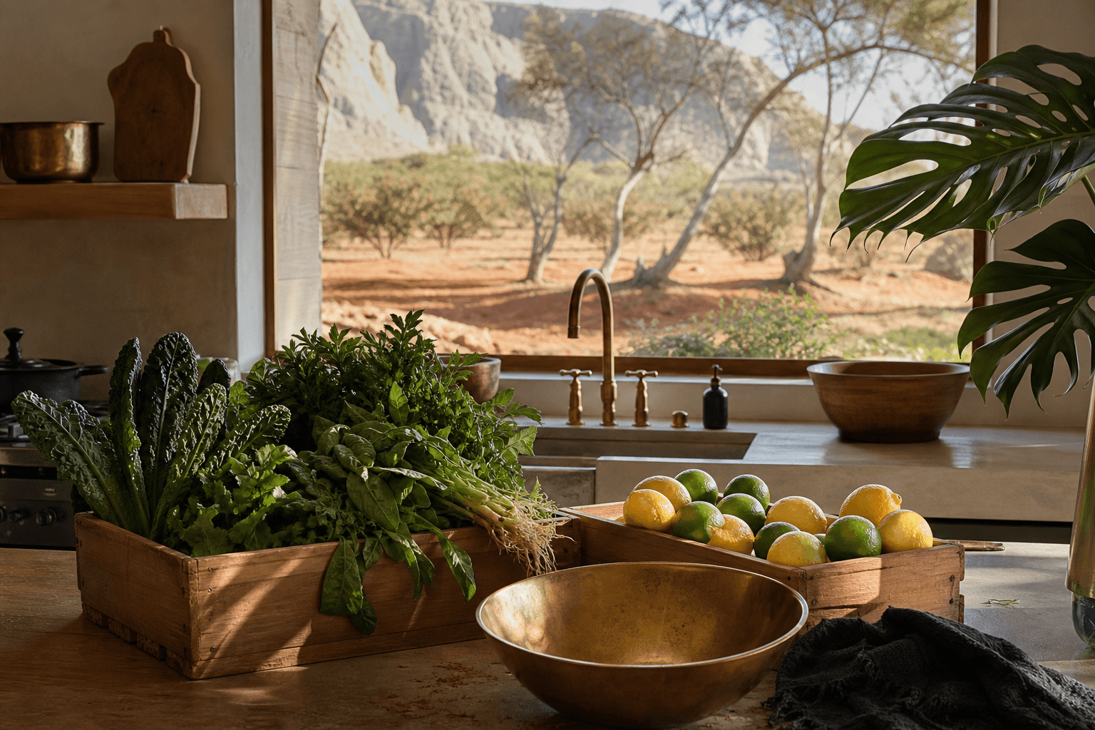 Unmarked produce crates of greens and citrus on a Poʻipū kitchen counter, red dirt and kiawe.