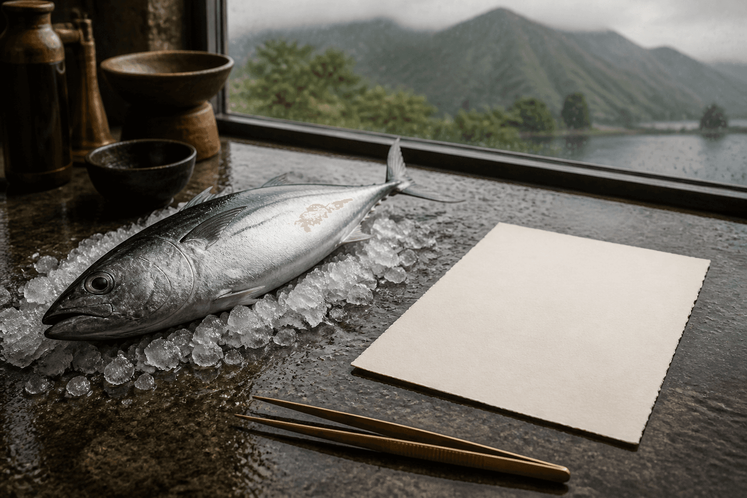 A whole unmarked silver fish on crushed ice on a wet Princeville stone counter, blank cream paper beside it.