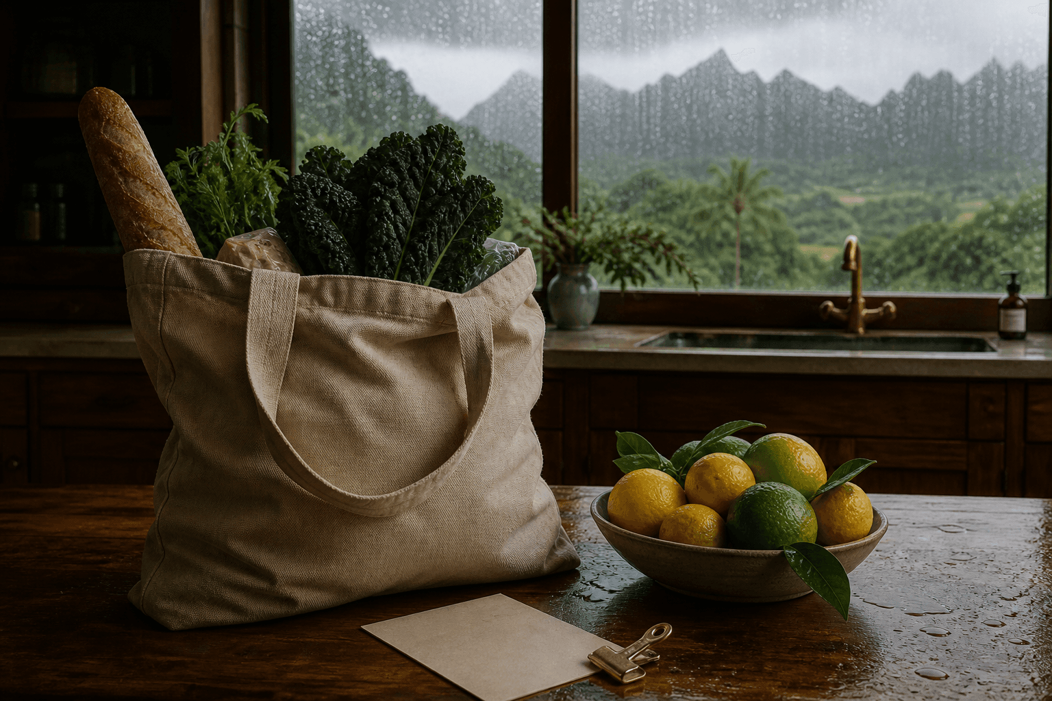 A canvas grocery tote and blank receipt paper on a wet Princeville counter.