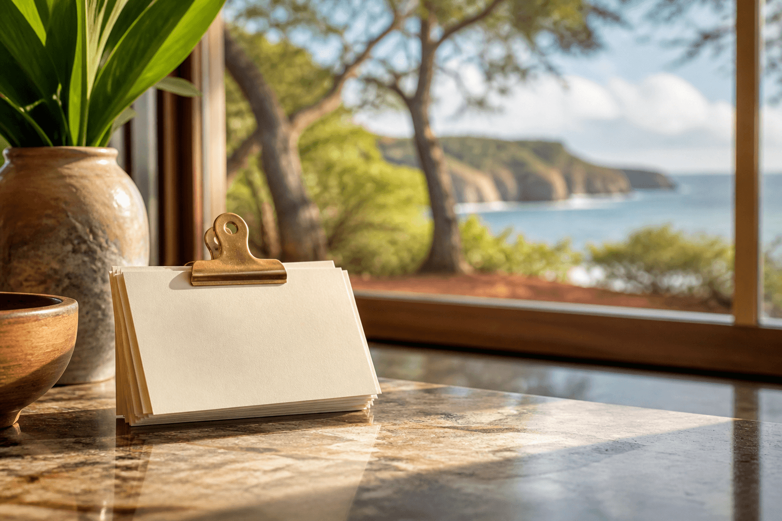Short note cards on a Poʻipū kitchen counter in morning sun, kiawe and pale south-shore cliffs beyond.