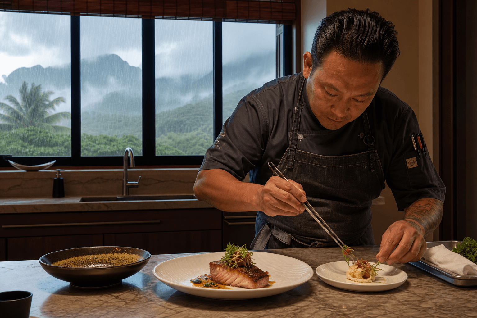 A chef plating a smaller ivory kids plate beside an adult fish course in a Princeville kitchen in rain.