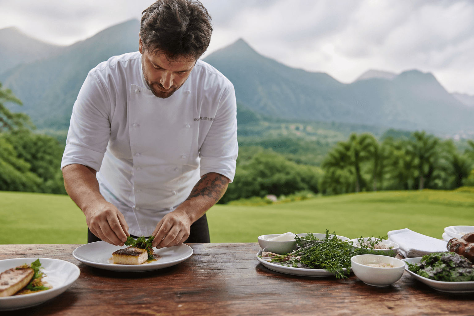 A chef plating a midday fish lunch on a Kauaʻi estate table, misted mountains, ivory plates.