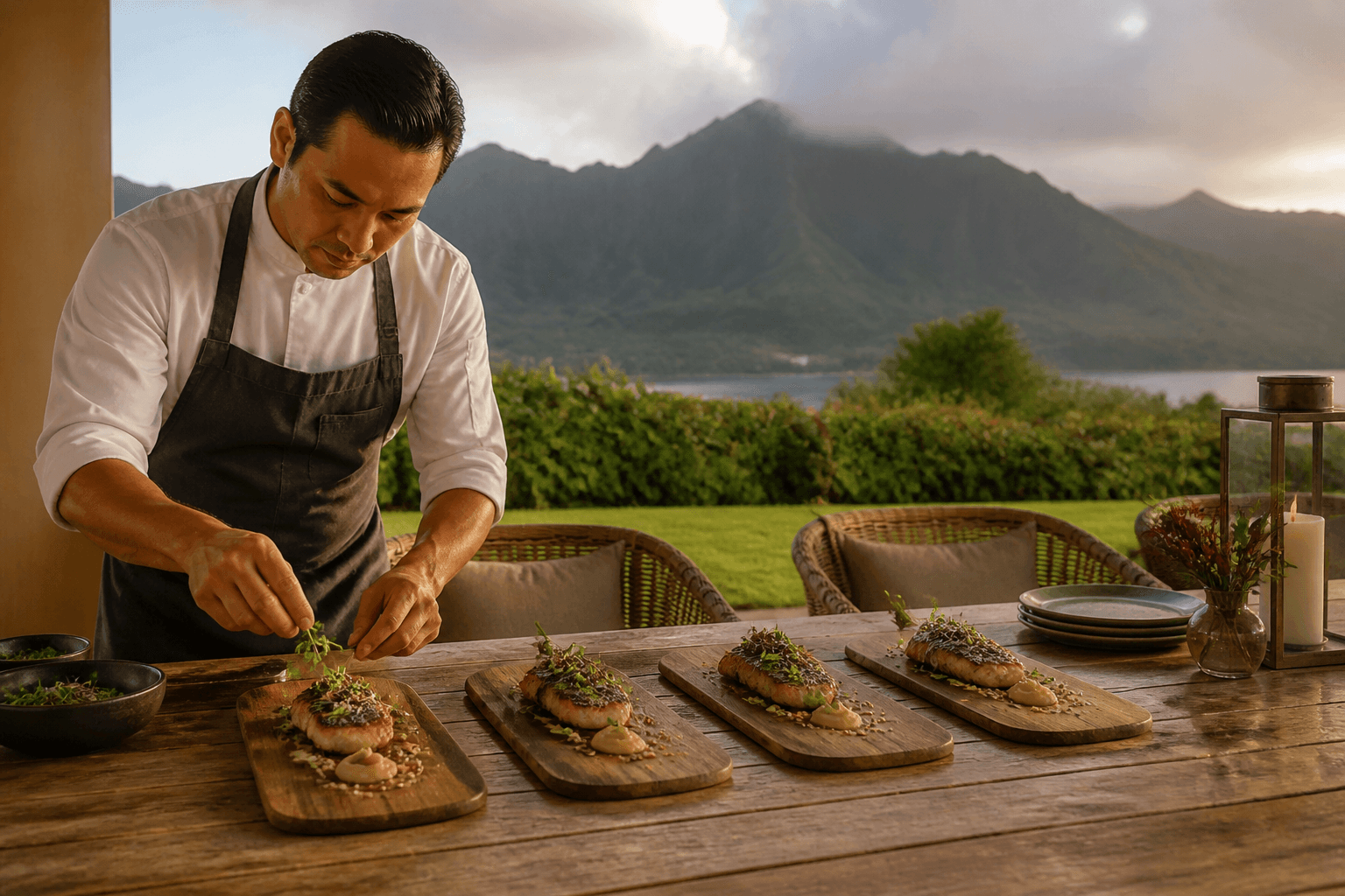 A chef plating identical board-dinner fish courses on a Kauaʻi estate table, unused notebooks, misted mountains.