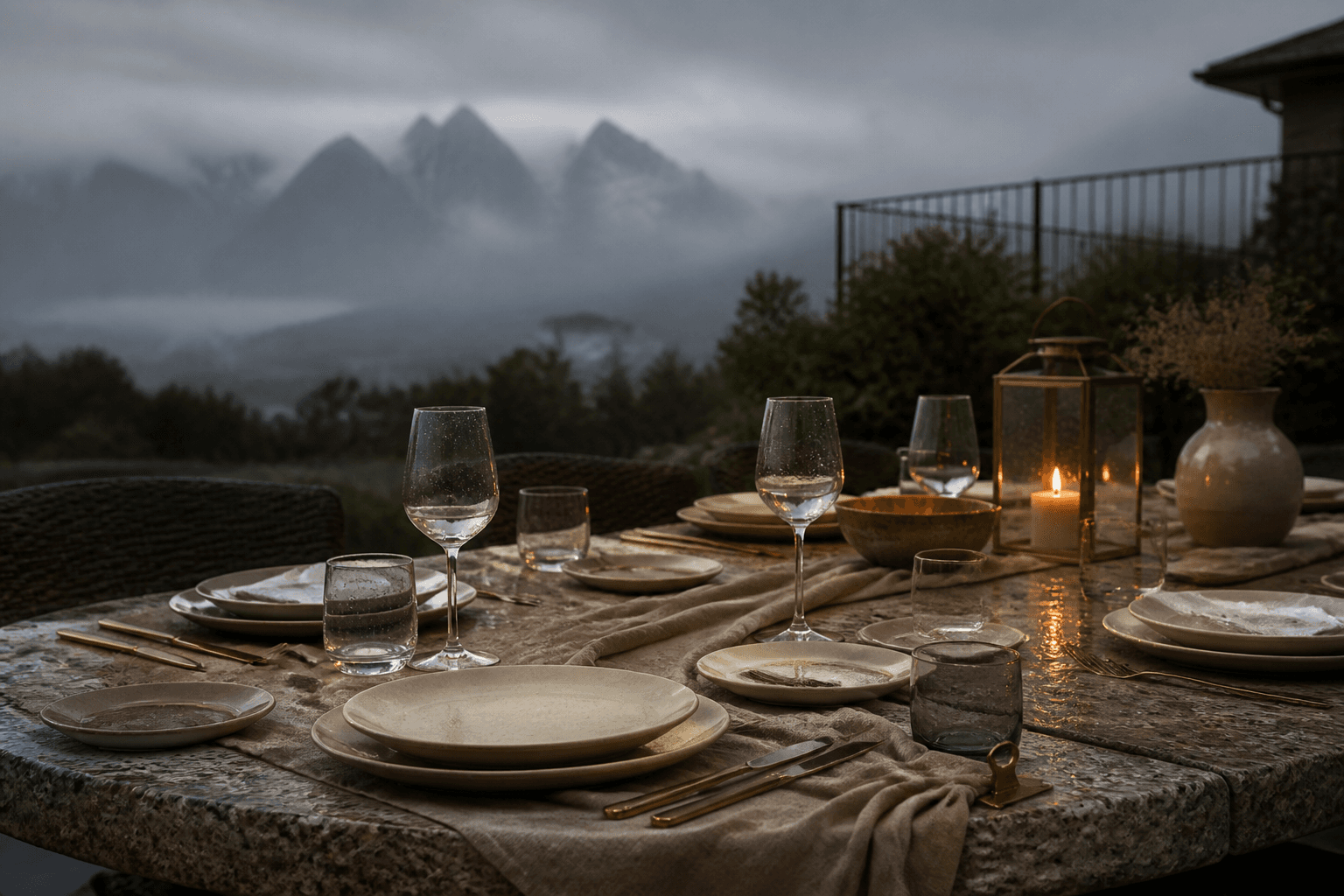 A Princeville stone table being set in winter rain dusk, unused ivory plates, sand linen, misted mountains.