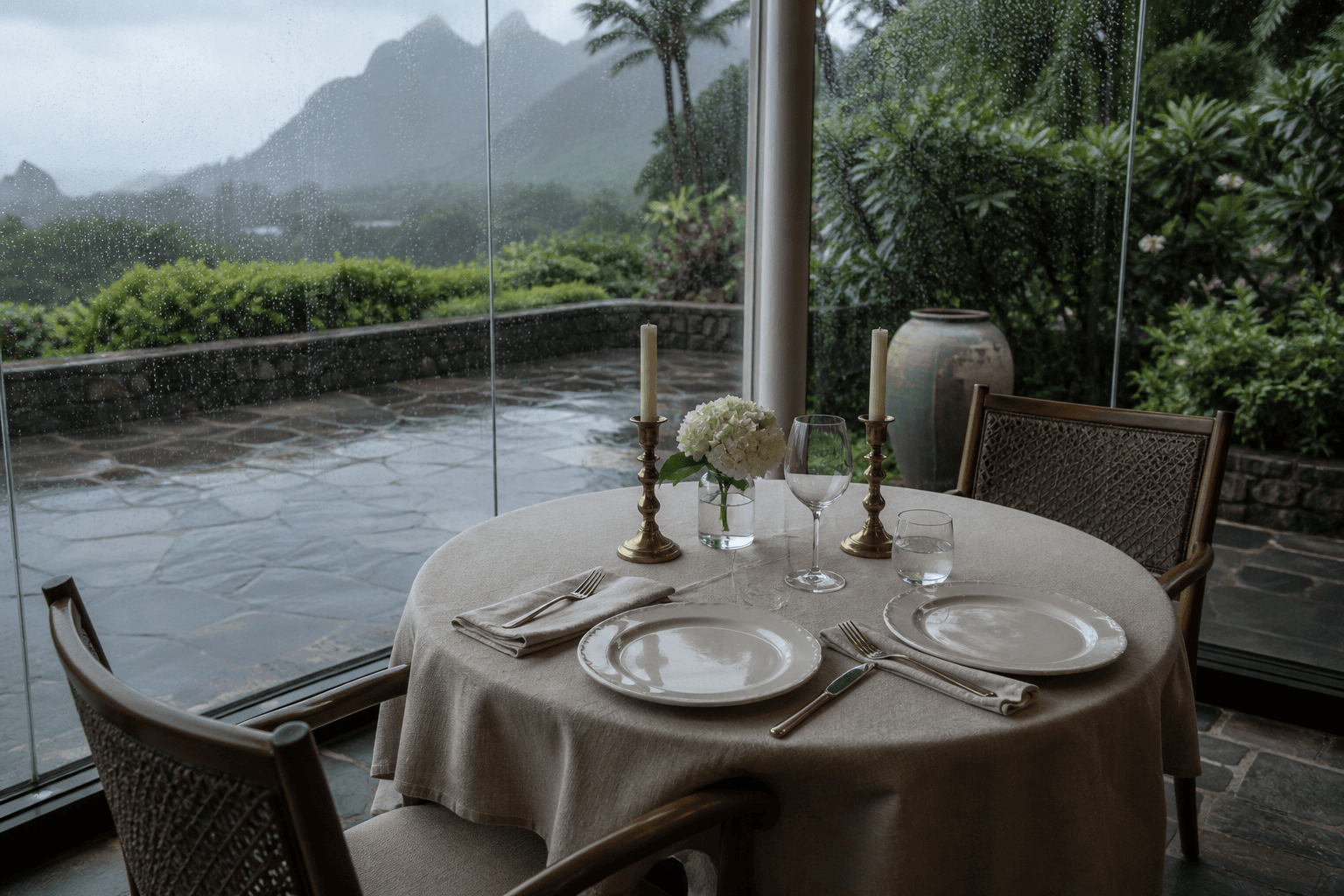 A Princeville terrace table set for two, empty ivory plates, rain on glass.