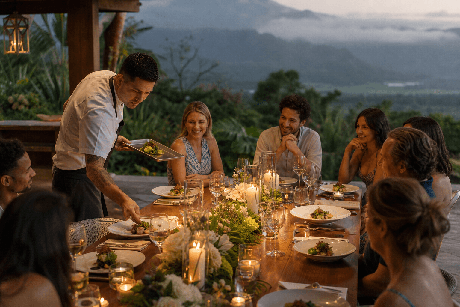 A chef plating a seated rehearsal dinner for about eight on a Kauaʻi estate looking into a misted valley.