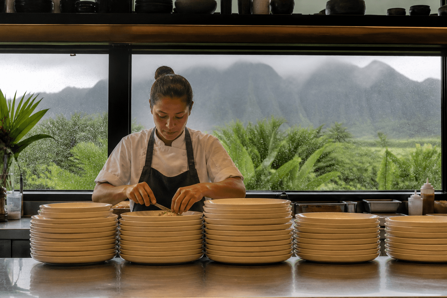 A chef at a Kauaʻi estate kitchen pass with stacked ivory plates for a full-board retreat day, wet glass.