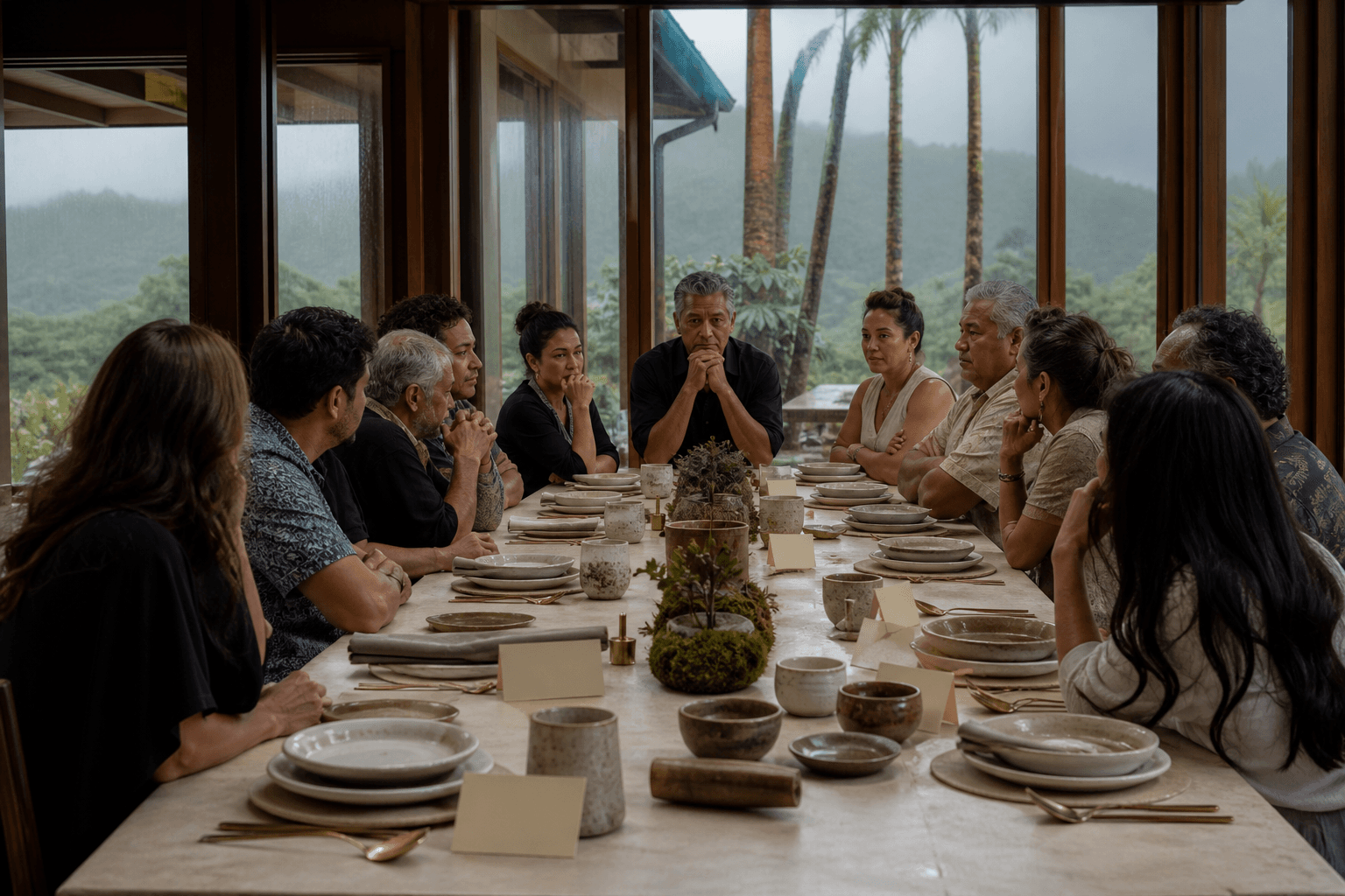 A long Princeville dining table set for a family, empty ivory plates, wet glass.