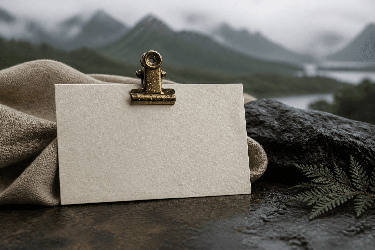 A blank unused ivory card under a rain-beaded brass clip on a wet Princeville stone pass.