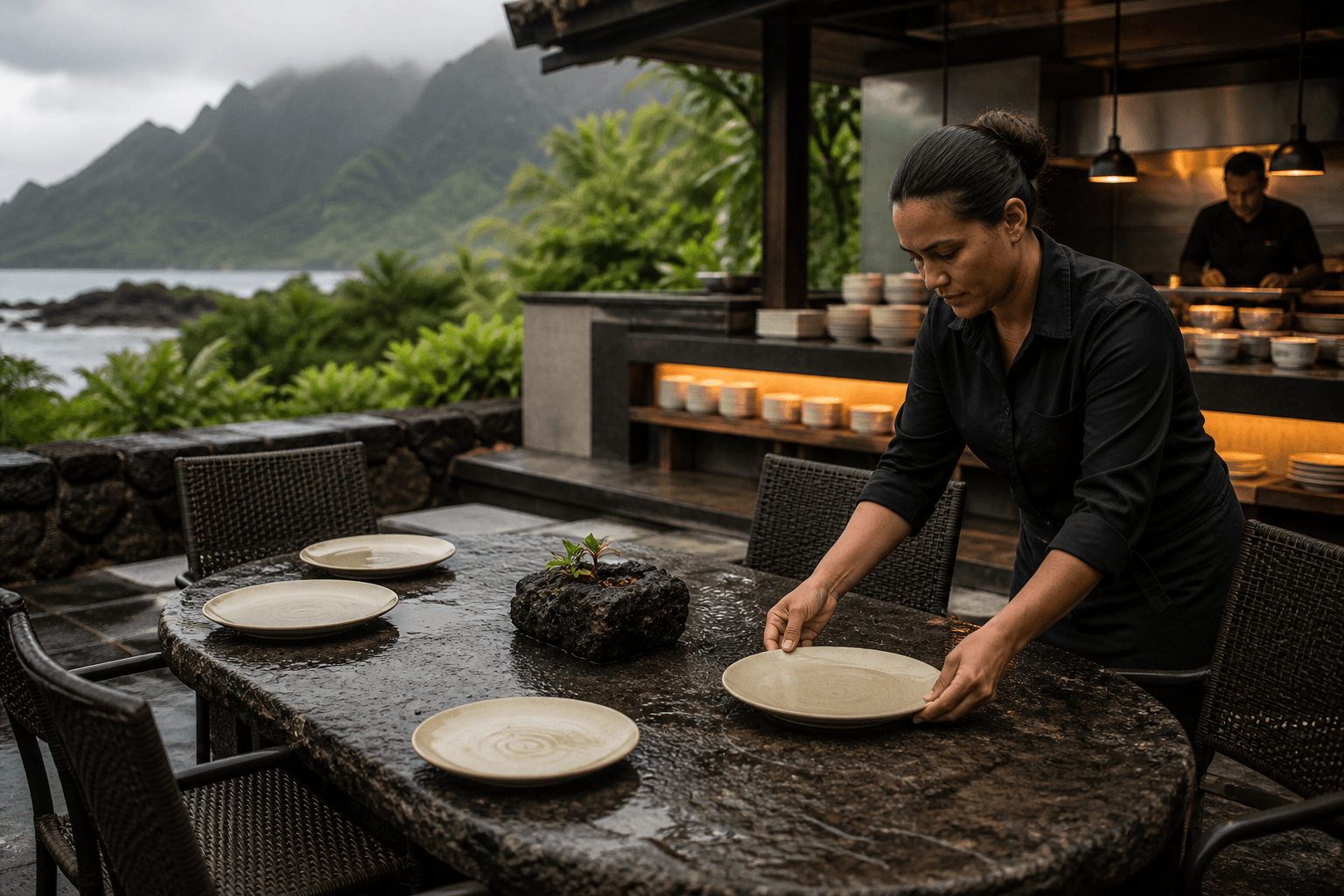 A server setting unused ivory plates on a wet North Shore Kauaʻi stone table, misted mountains.