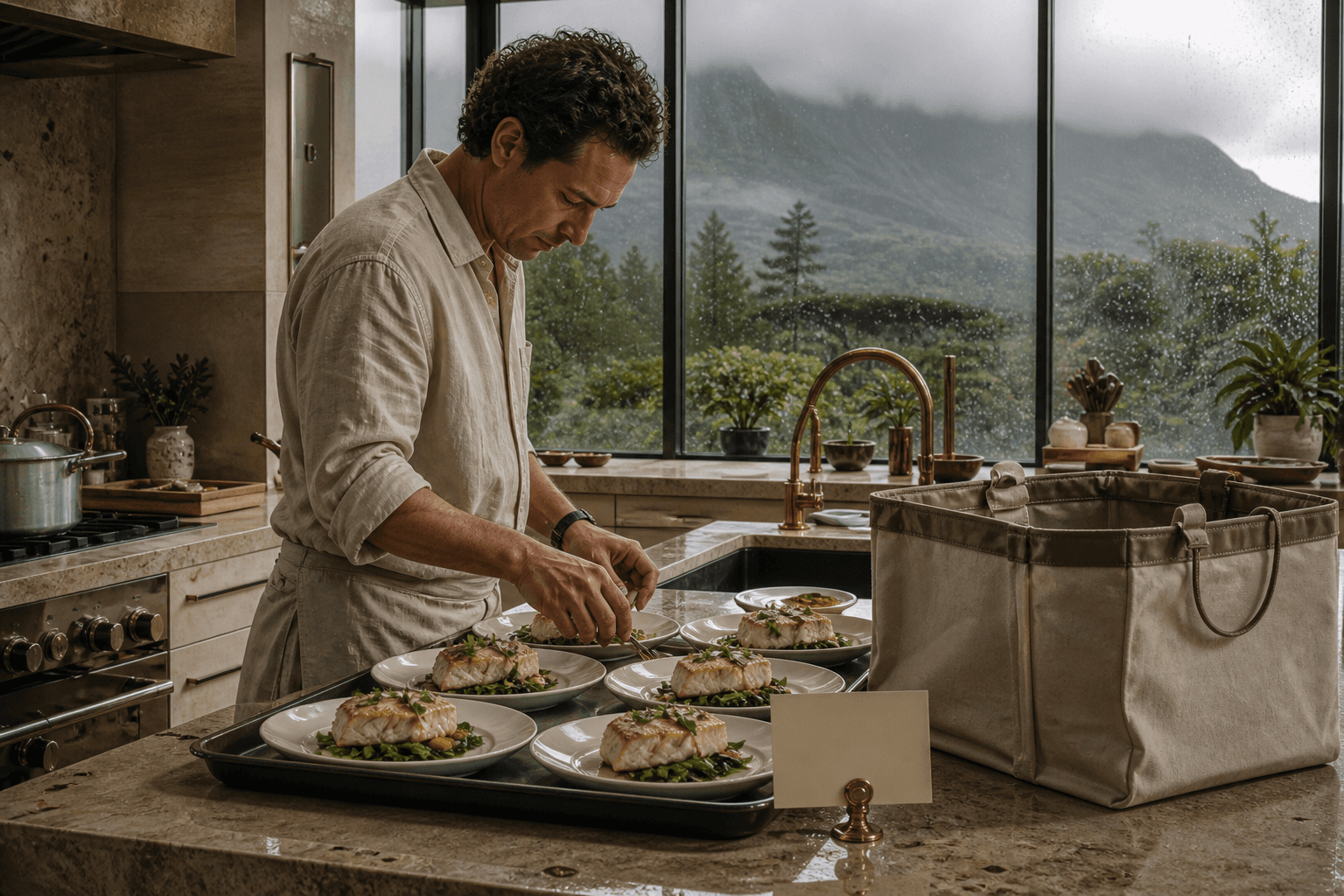 Identical plated meals on a Princeville kitchen island, blank cream cards, wet light.