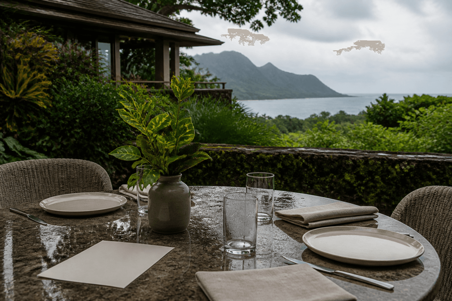 An empty Princeville terrace table in grey light, folded sand linen, unused ivory plates.