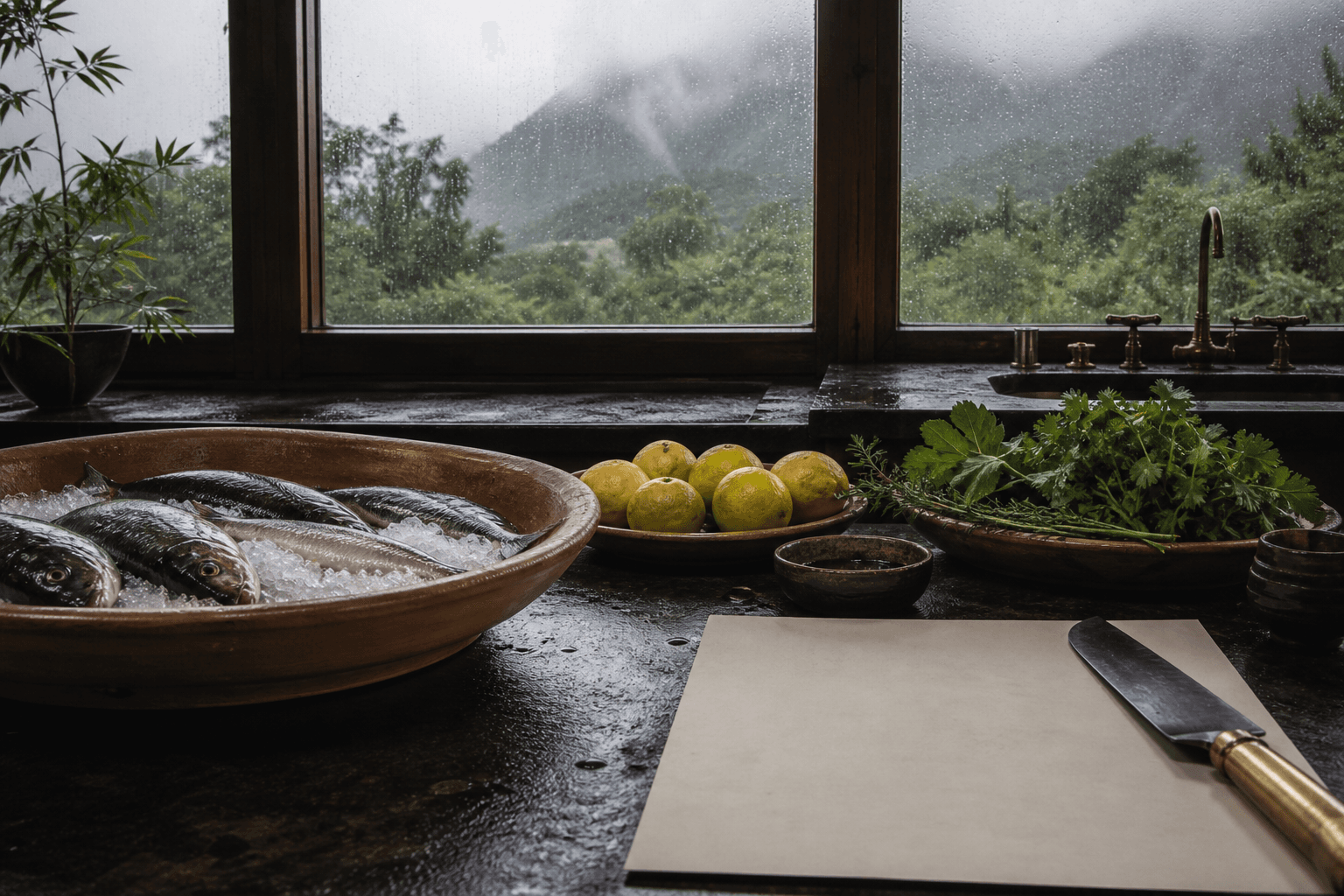 Whole fish on ice and unmarked citrus on a wet Princeville kitchen counter.