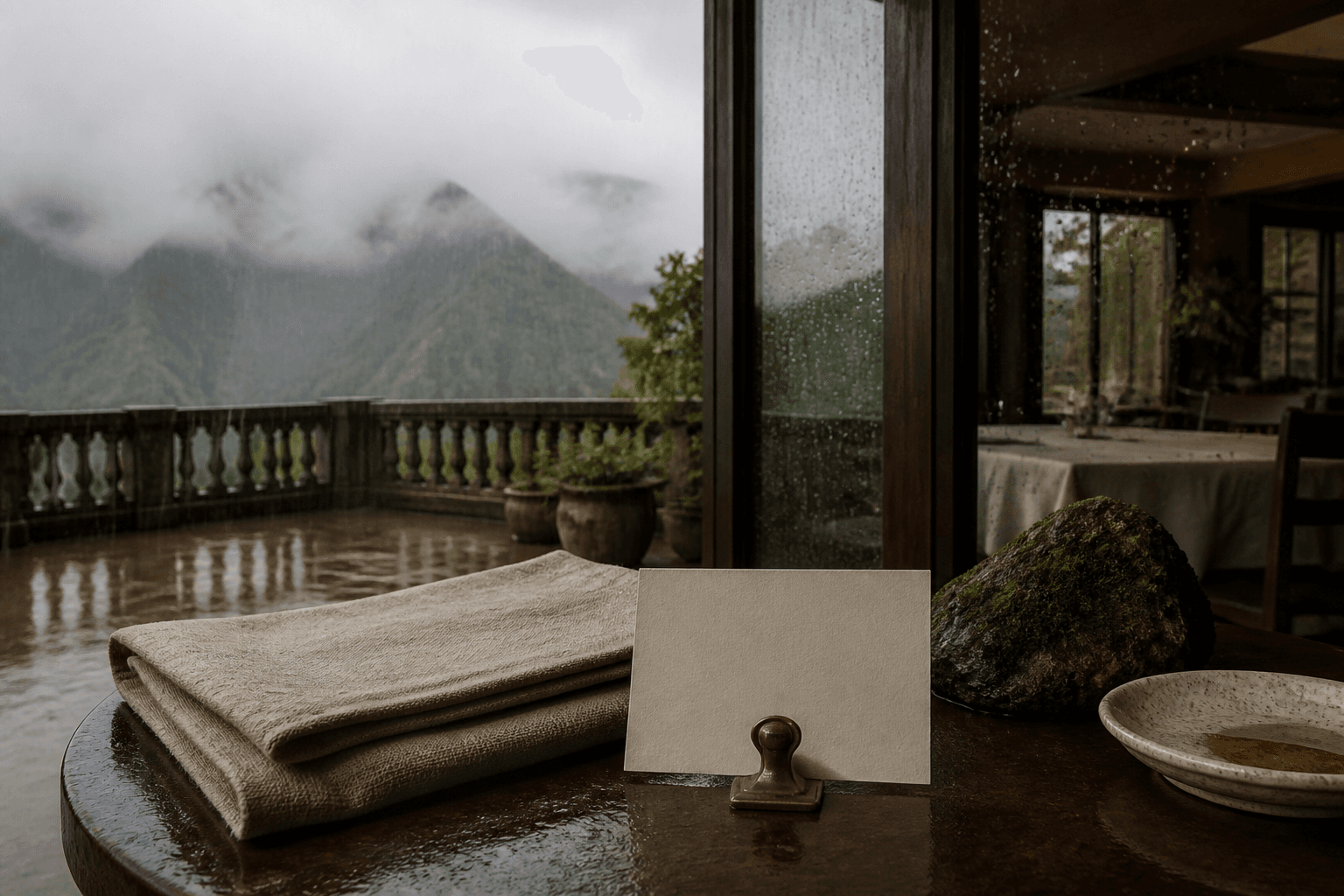 Folded sand linen on a wet Princeville terrace, rain on glass, covered table beyond.