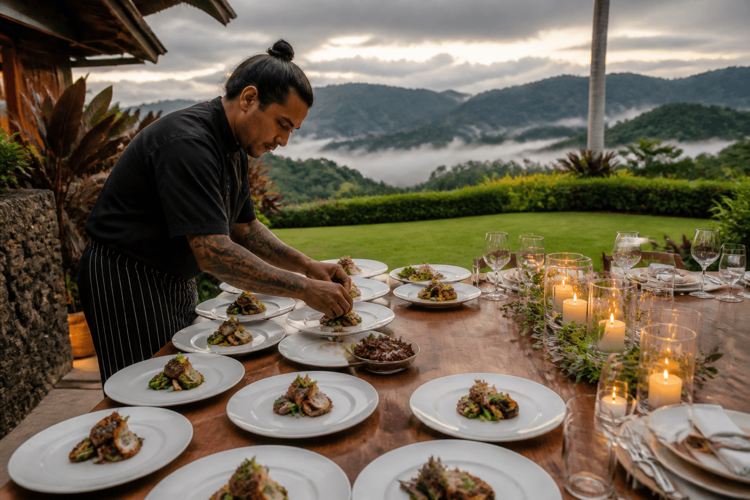 A chef plating a first-night welcome dinner on a Kauaʻi estate table looking into a misted valley.