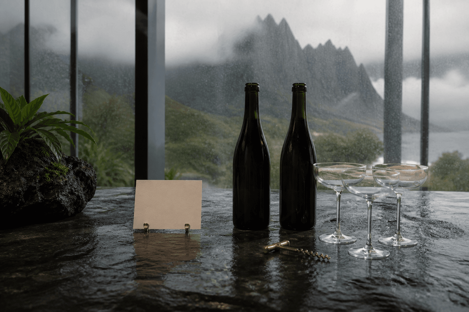 Unlabelled bottles and empty ivory coupes on a wet Princeville stone table.