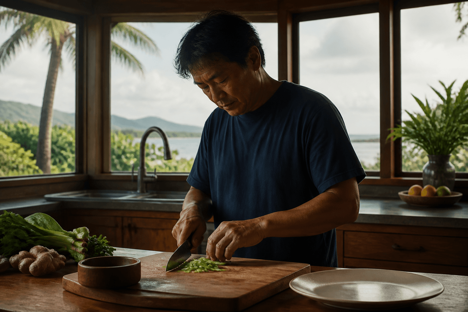 An Anahola east-north coast table — quieter than Kapaʻa, trade-wind lawn, plated catch.