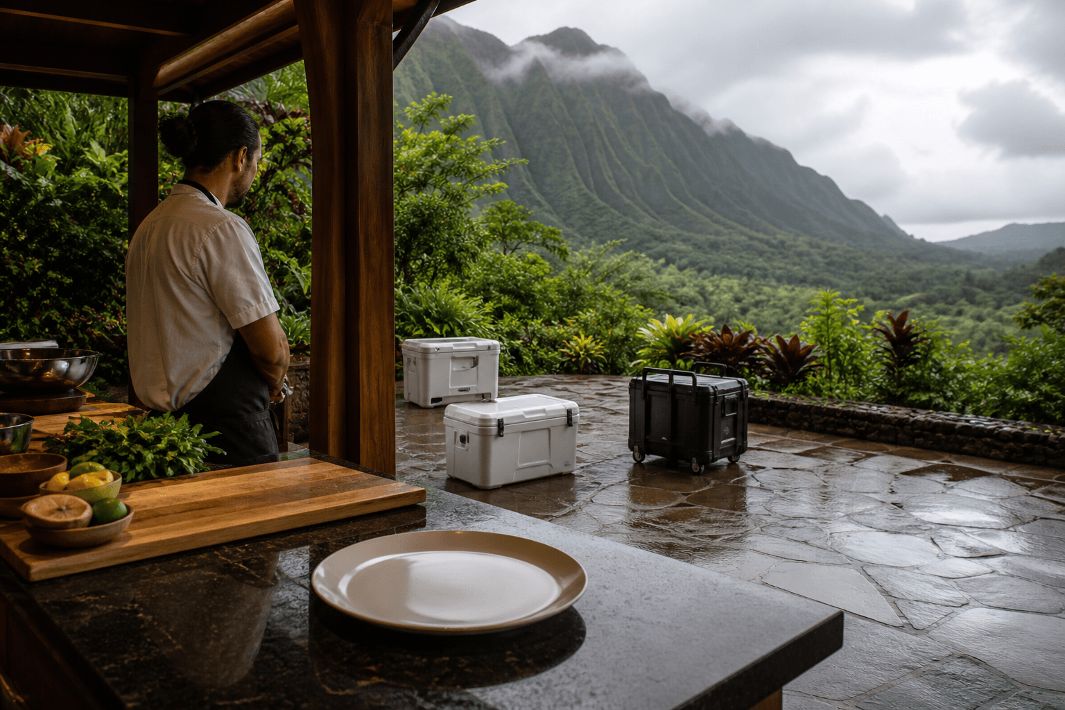 A Hāʻena Far-North kitchen in rain — wet stone, misted mountains, plated fish, inquiry scale.