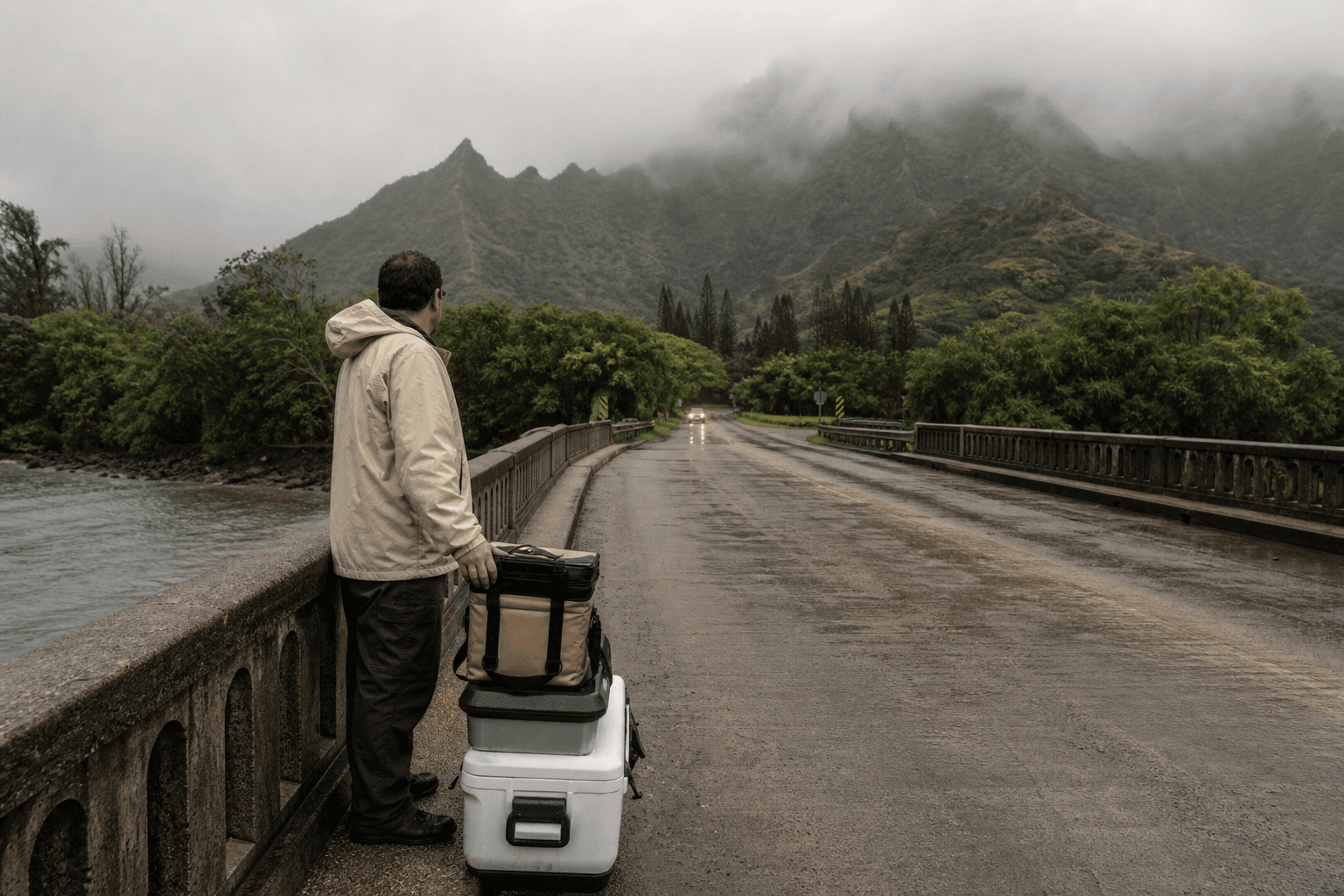 A wet one-lane coastal road and low bridge in rain — chef waiting with coolers, misted mountains.