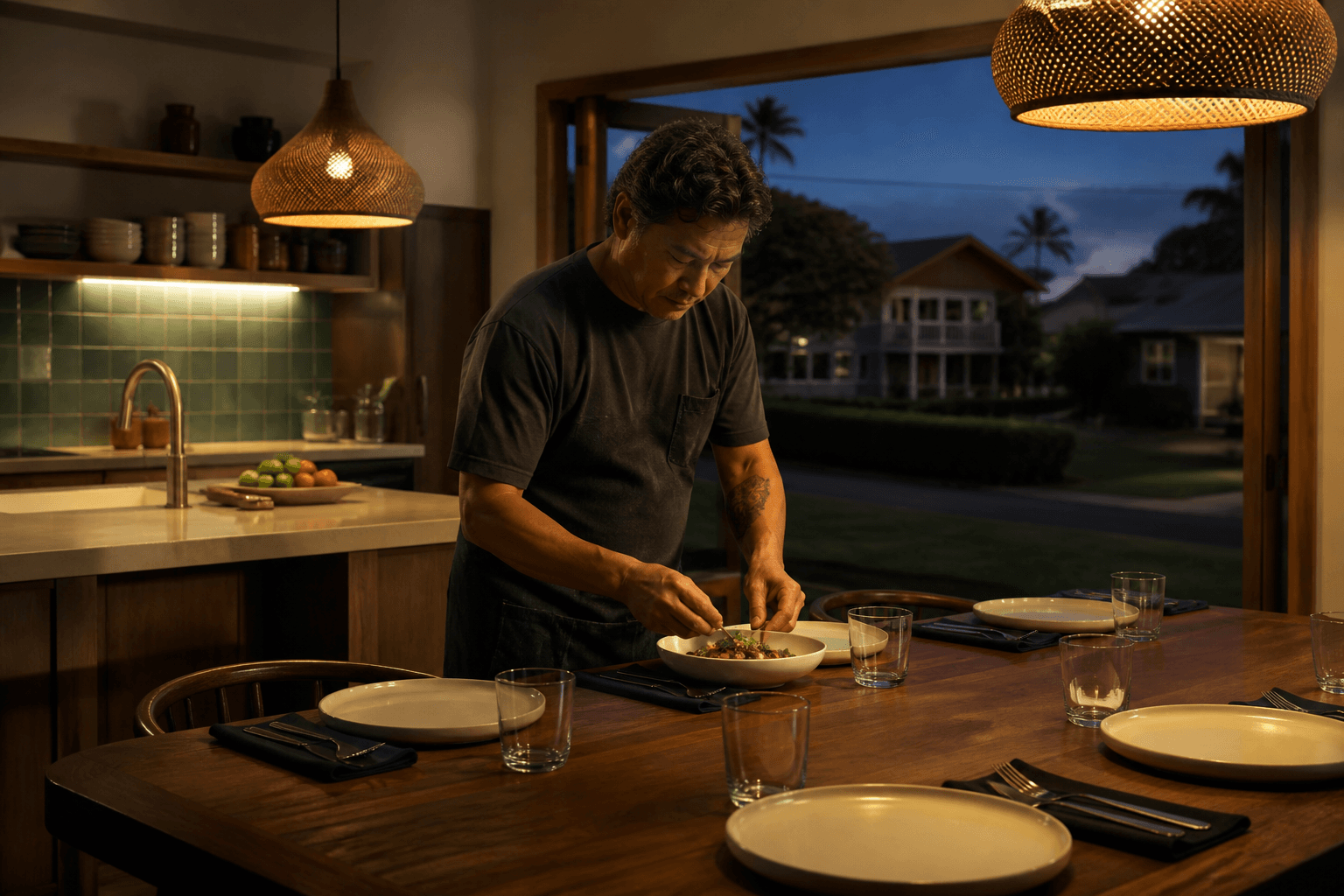 A Hanapēpē west-side town house table — not a visitor-villa cluster, plated household fish.