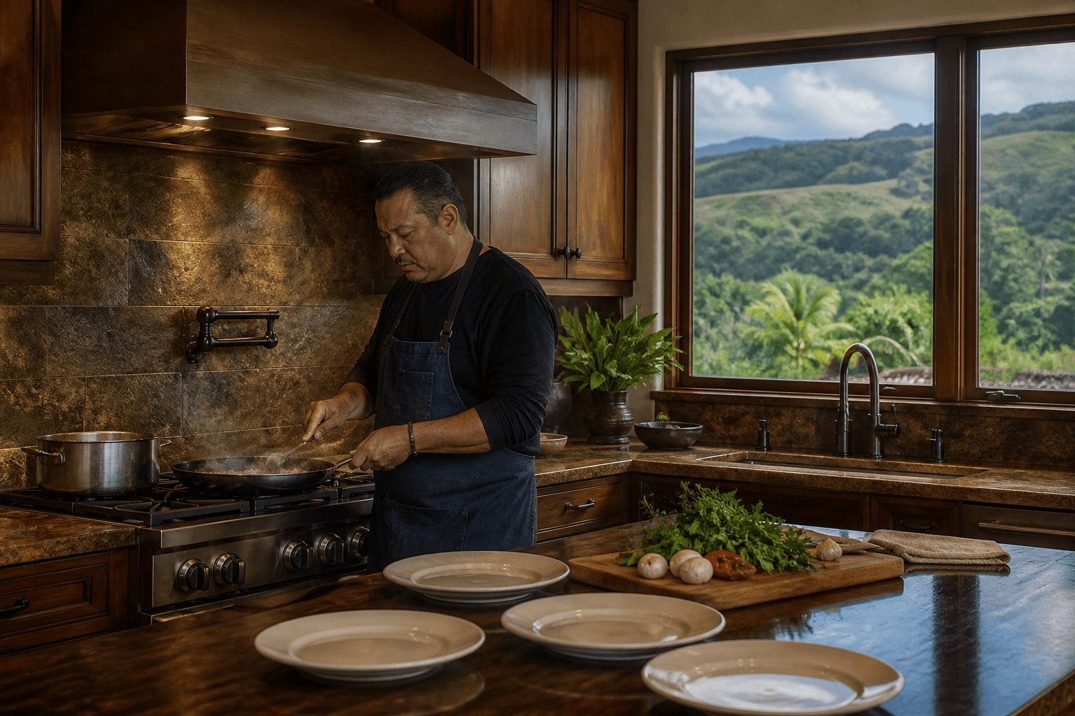 A Kalāheo south-west residential kitchen — quieter houses, plated evening, inquiry scale.
