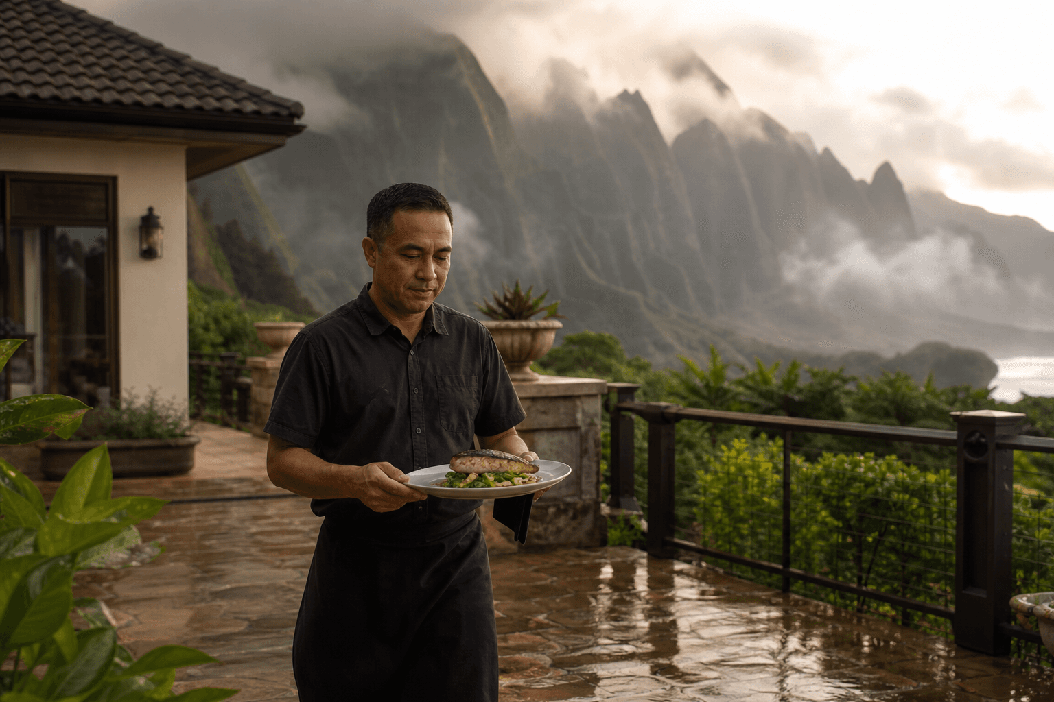 A chef carrying plated fish across a Princeville terrace, misted fluted mountains beyond.