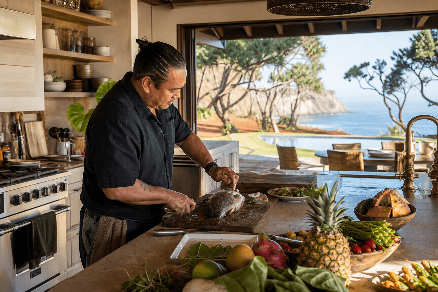 A Poʻipū kitchen on a sunny morning — whole fish, pool, pale south-shore cliffs.