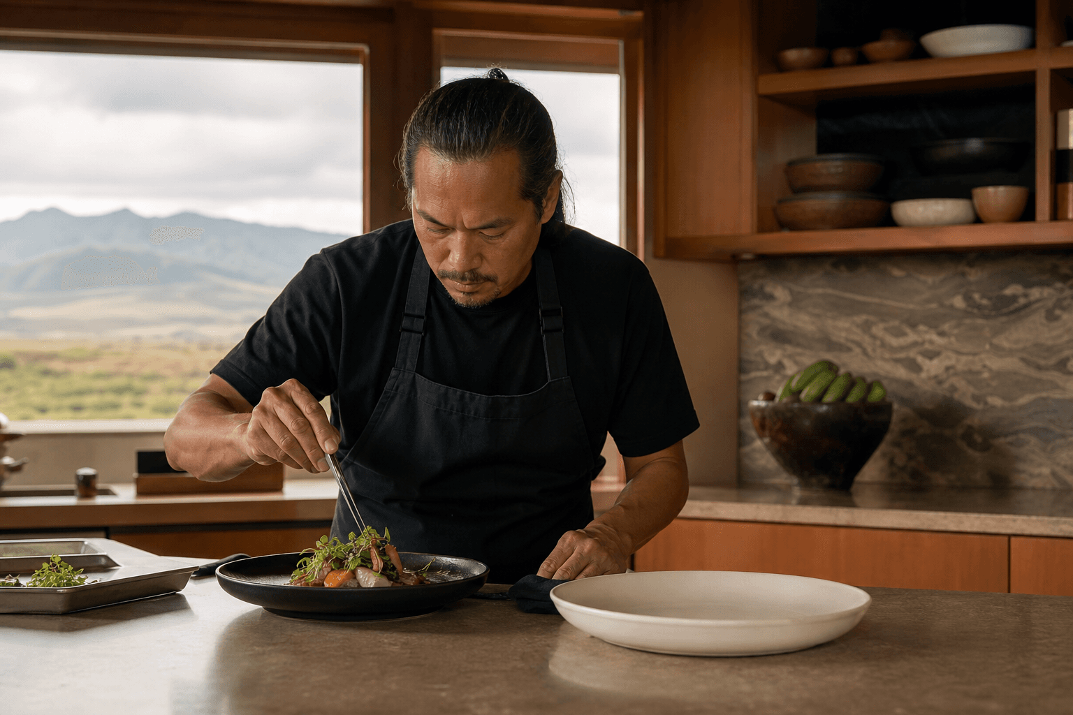 A Kauaʻi Waimea west-side estate table — distance from Līhuʻe, canyon light, plated fish.