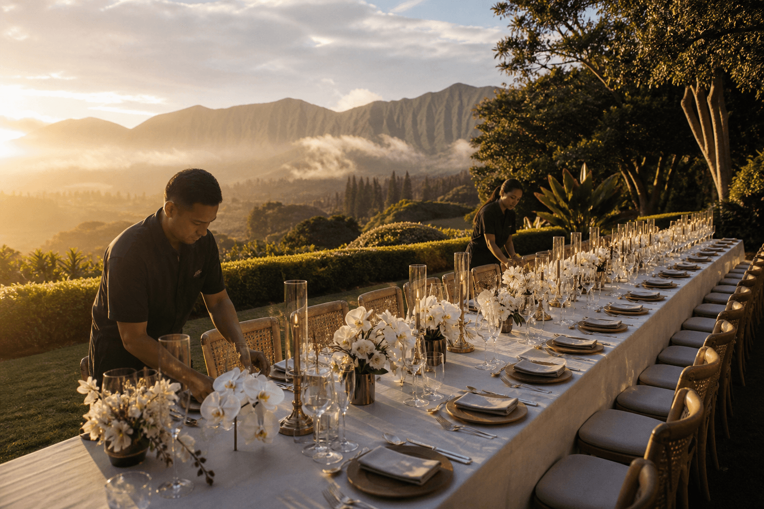 A Kauaʻi estate wedding-week table looking into a misted valley — inquiry-scale, not a ballroom.