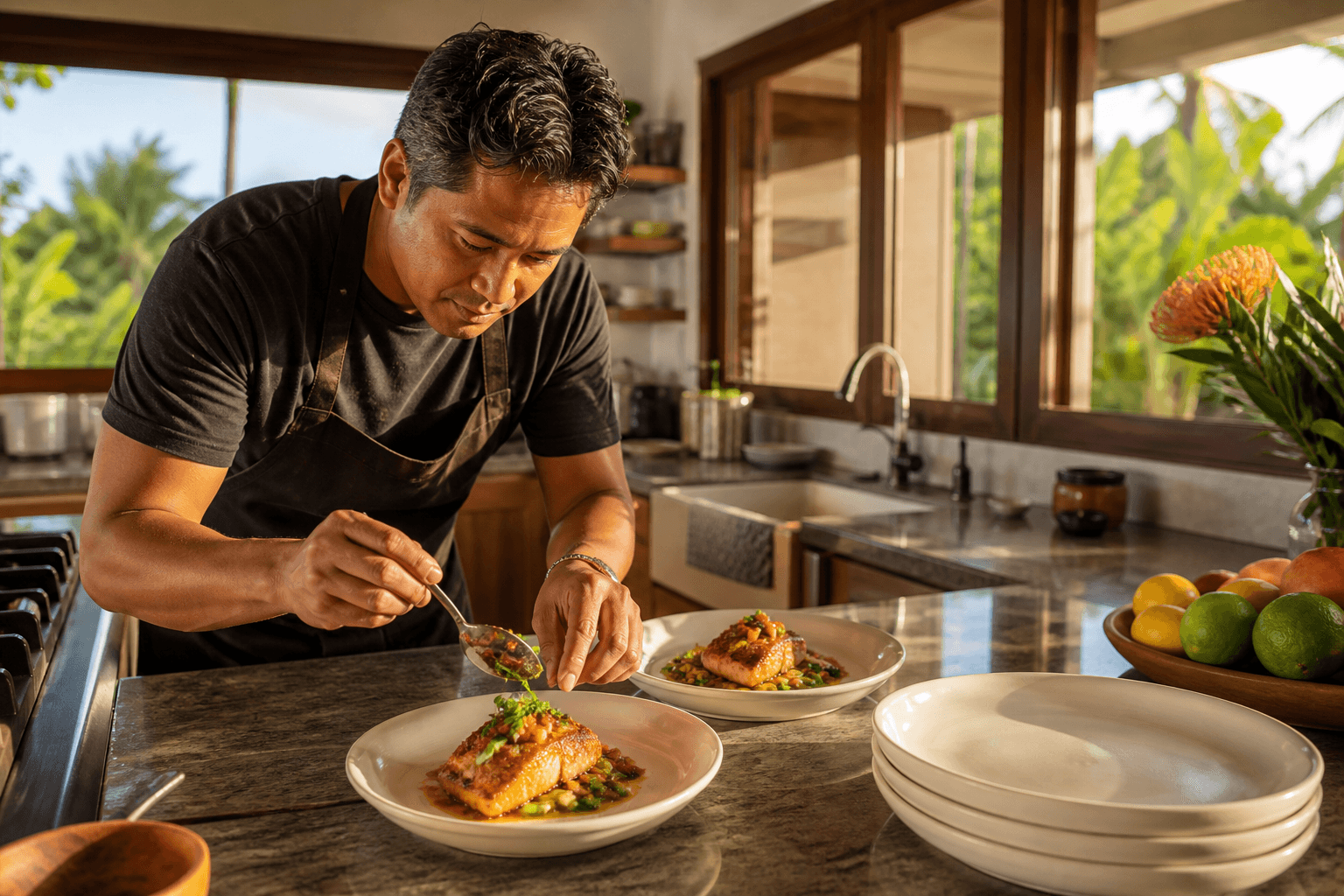 A Kōloa town house kitchen — South Shore light, plated fish, not a Poʻipū resort-residence clone.