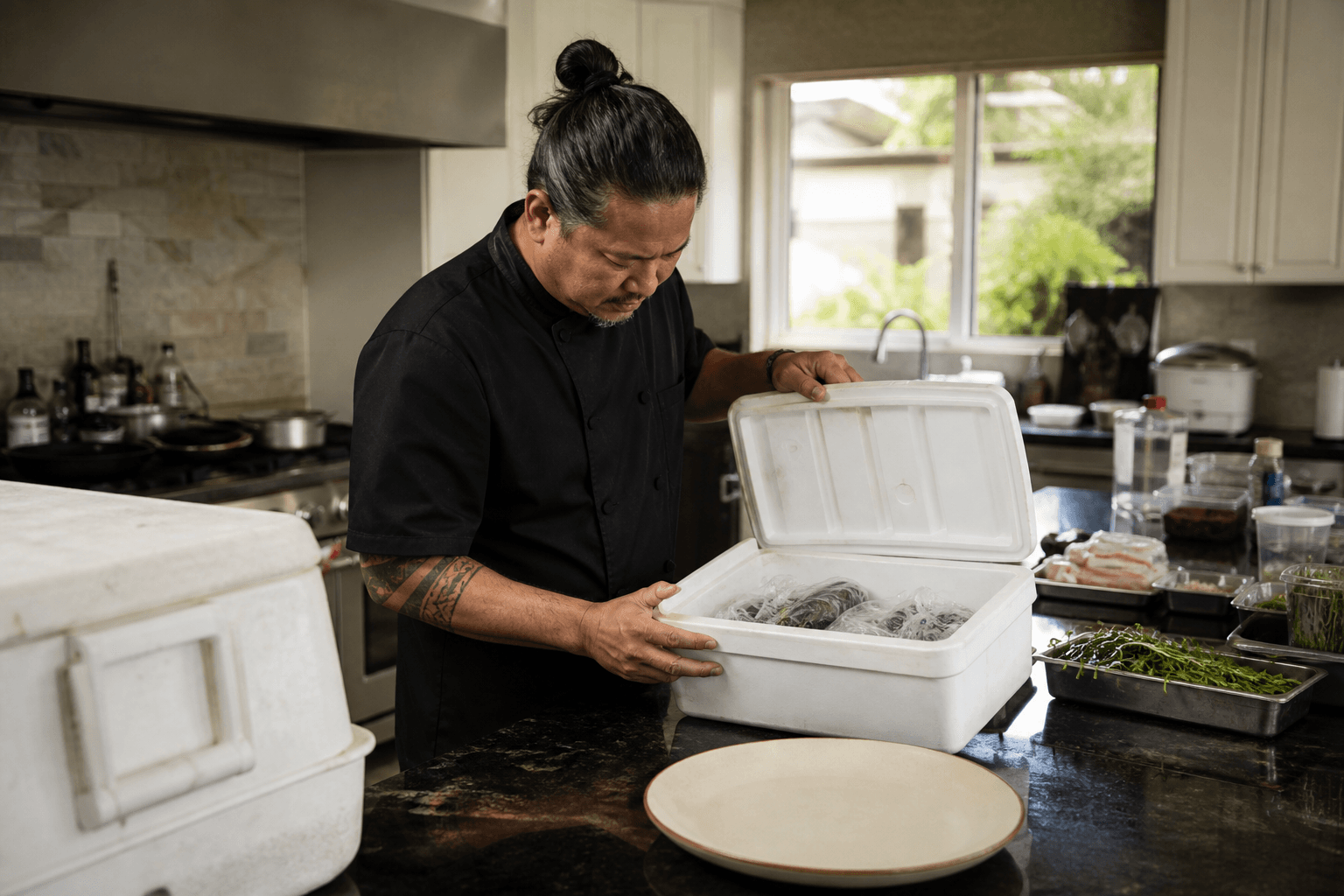 A Līhuʻe in-town household table — staging town, not a villa hero, plated weekday fish.