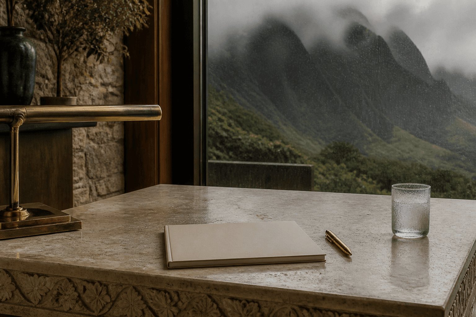 A Princeville stone desk in rain with a closed unmarked notepad and brass pen, no telephone, misted mountains.