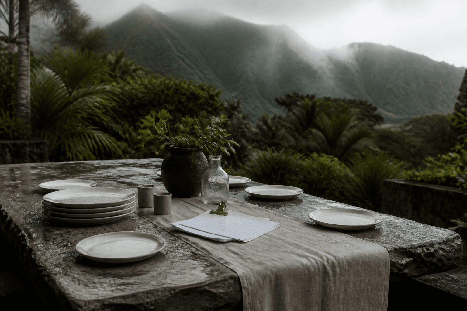 Unused ivory plates and unmarked papers on a Princeville stone table in misted rain light.