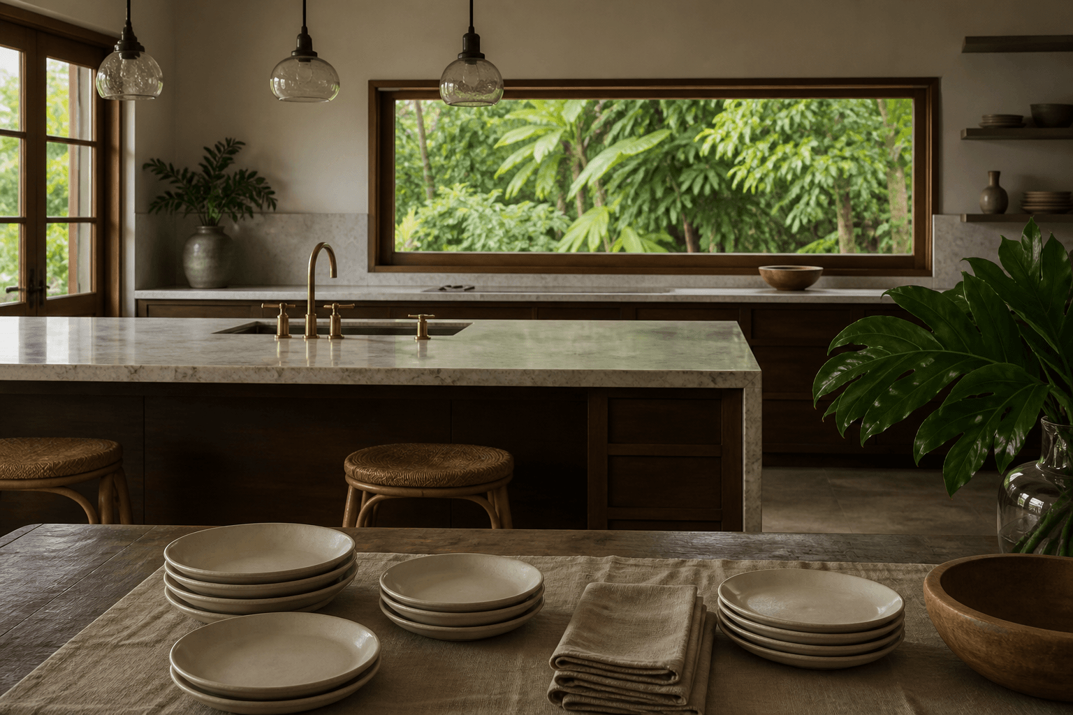 An Anahola east-north coast kitchen, unused ivory plates, moss-green through a window.