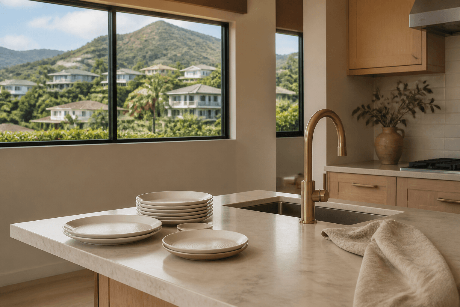 An ʻEleʻele south-west residential kitchen, unused ivory plates, hillside houses.