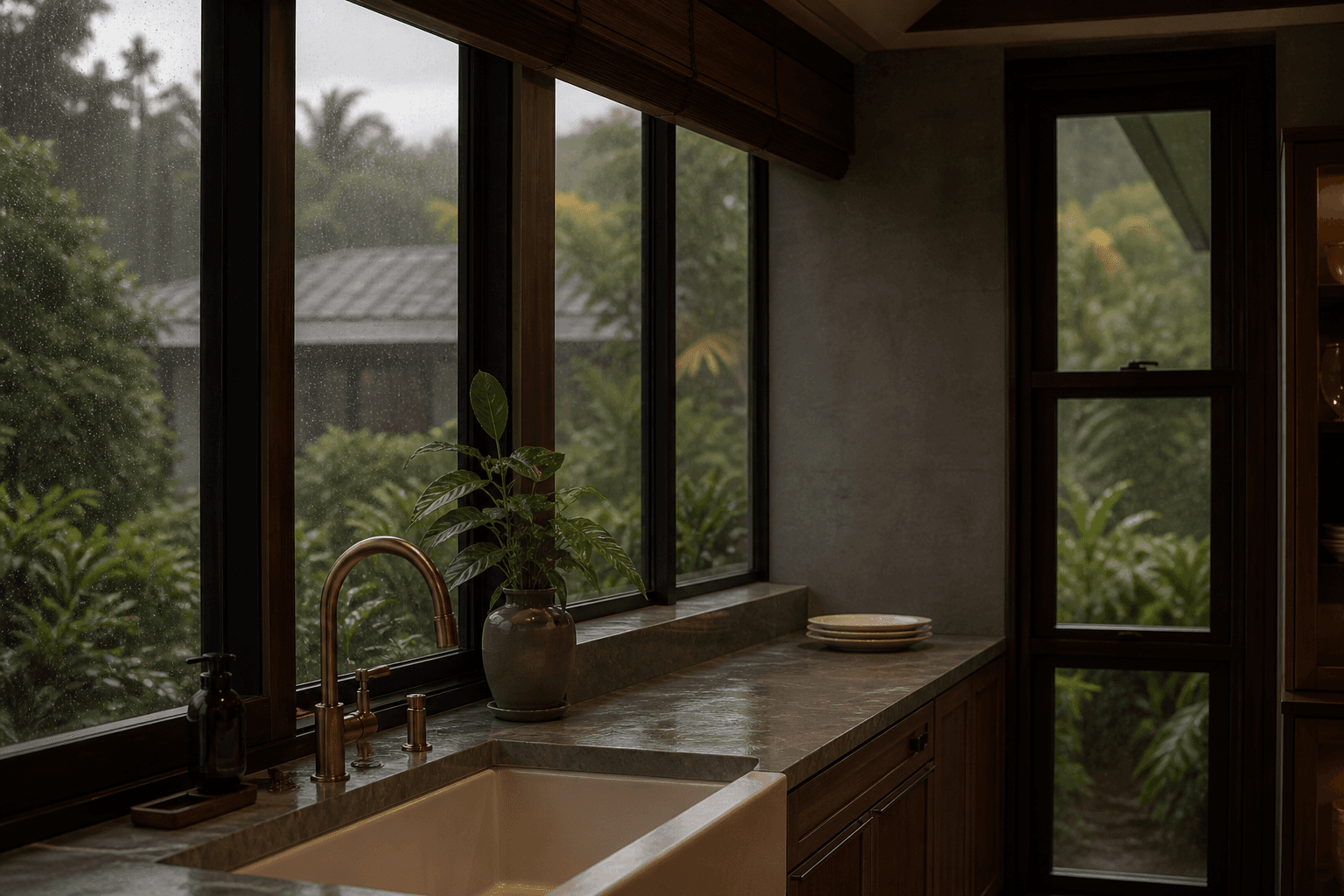 A Hāʻena Far-North kitchen in rain, unused ivory plates, wet glass, moss-green foliage.