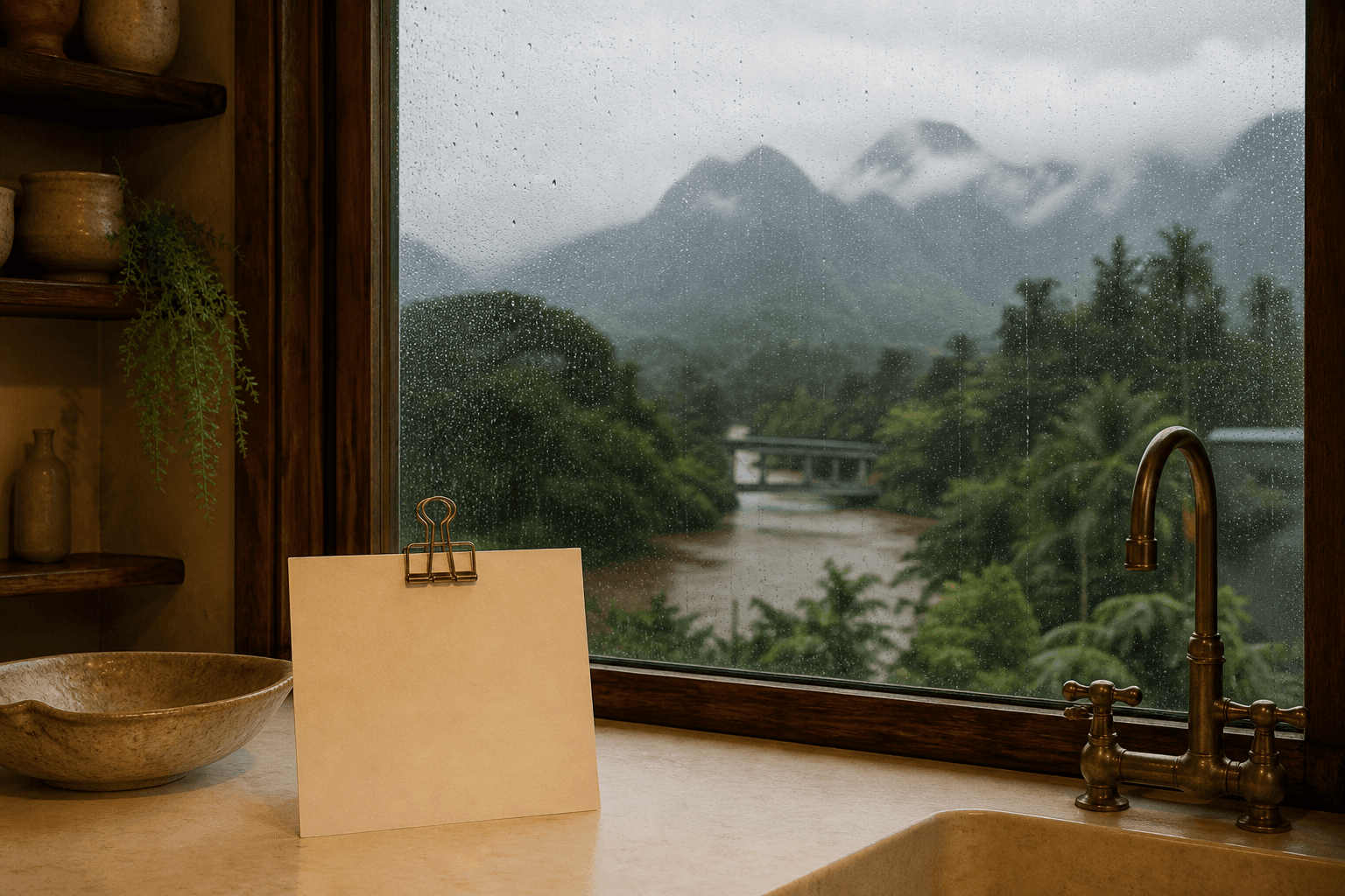 A Hanalei kitchen counter in rain light, blank cream card, valley mist through the glass.