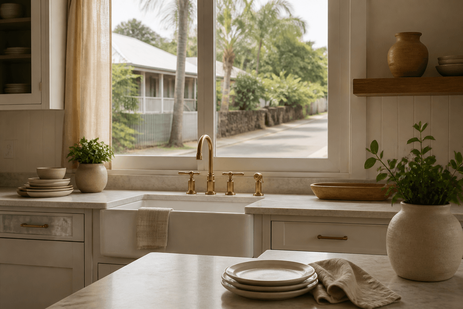A Hanapēpē west-side town house kitchen, unused ivory plates, quiet residential street.