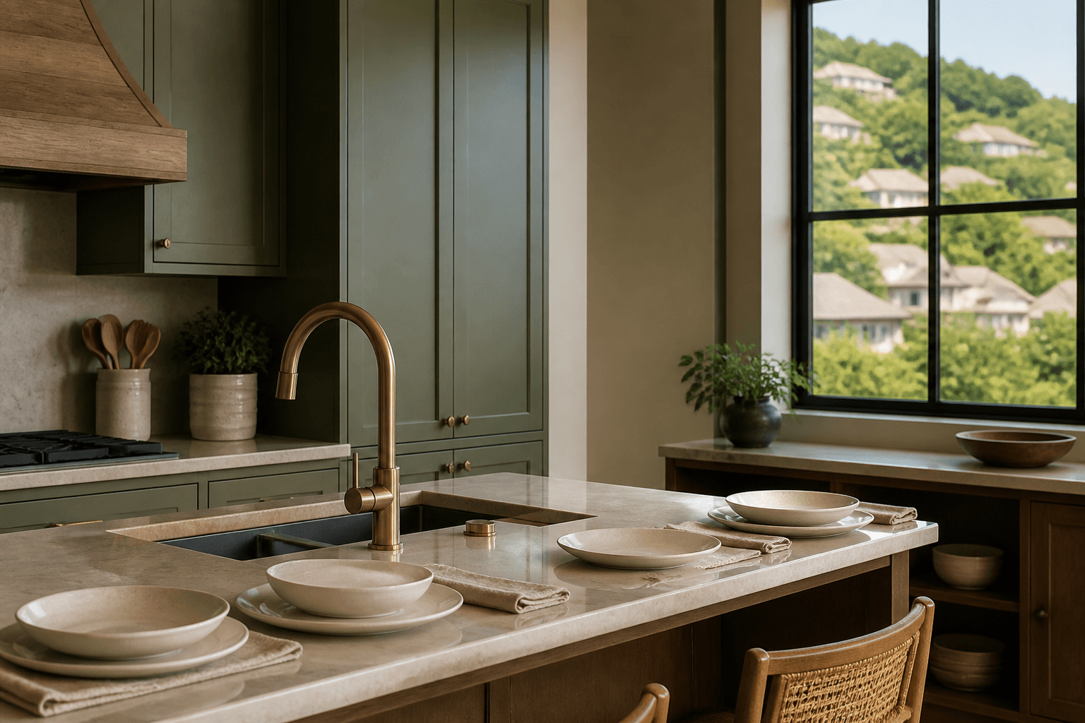 A Kalāheo south-west residential kitchen, unused ivory plates, moss-green hillside.