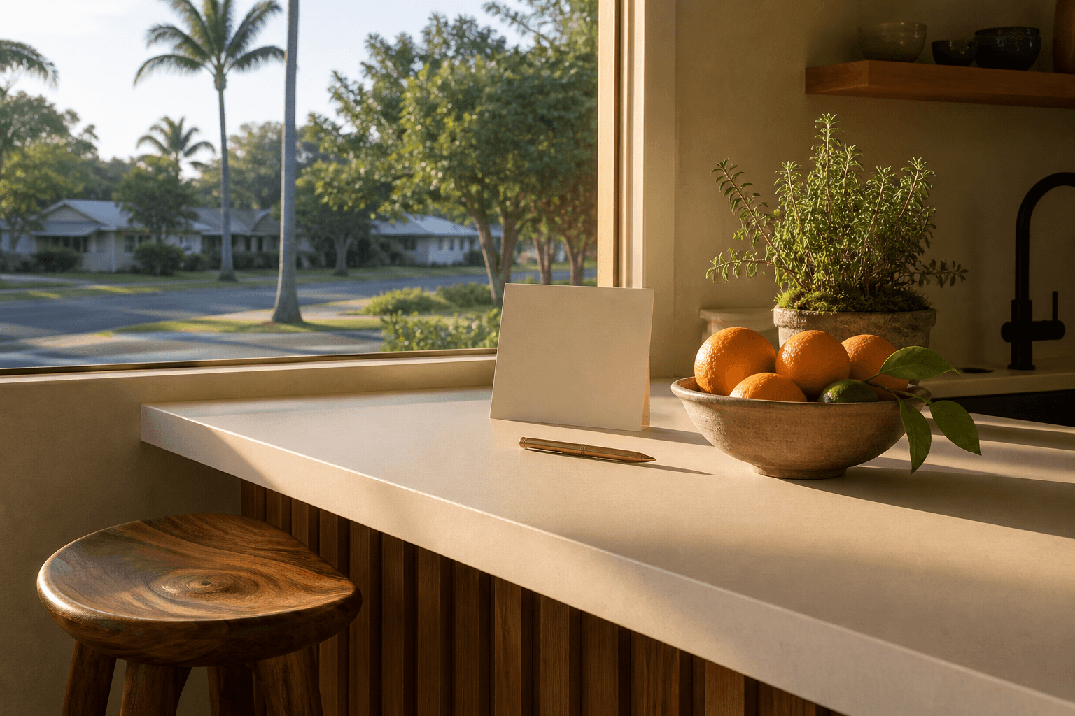A Kapaʻa east-side household kitchen, blank cream card, residential trees through the window.