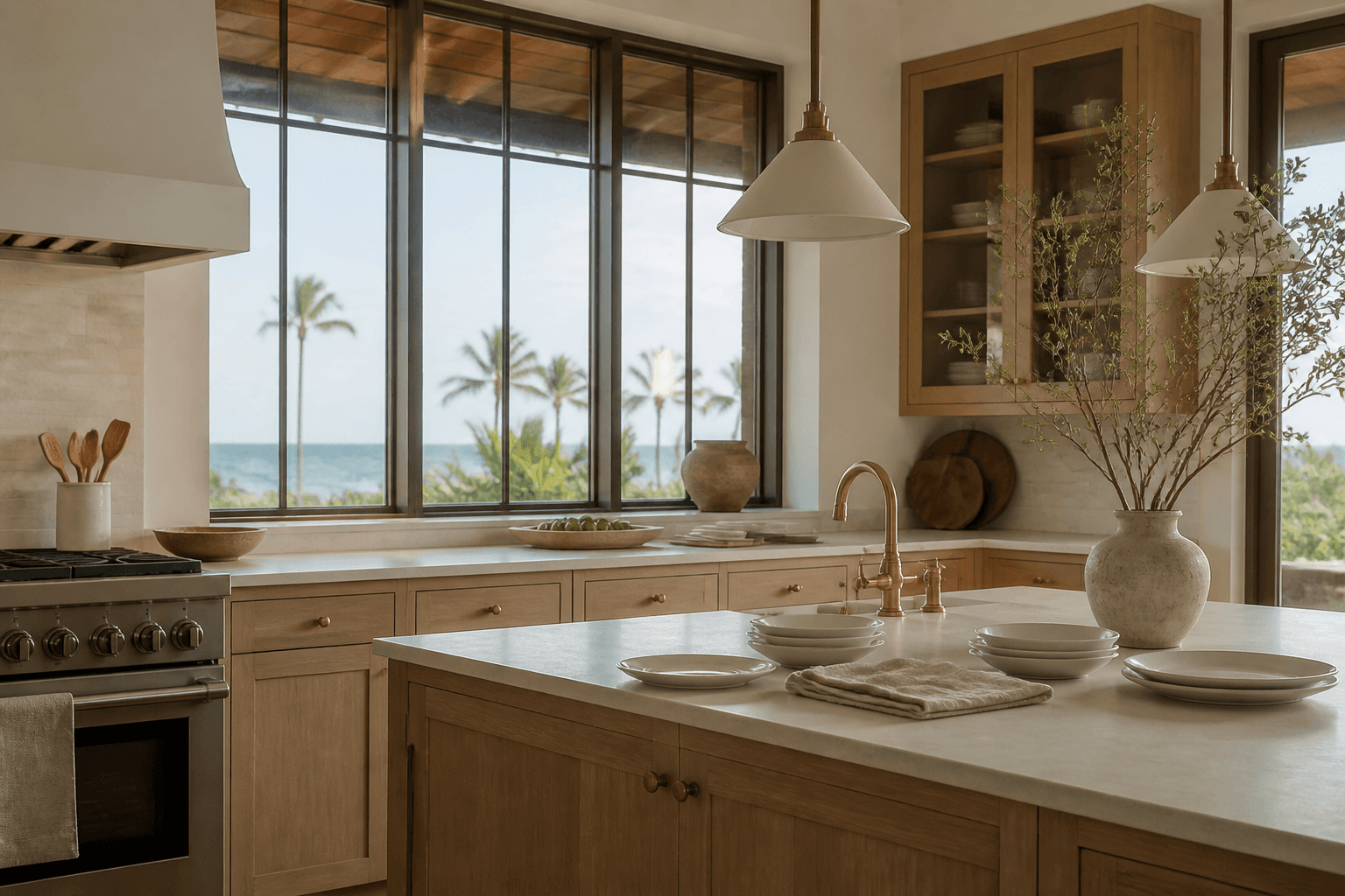 A west Kauaʻi Waimea estate kitchen, unused ivory plates, dry west light, not ranch country.
