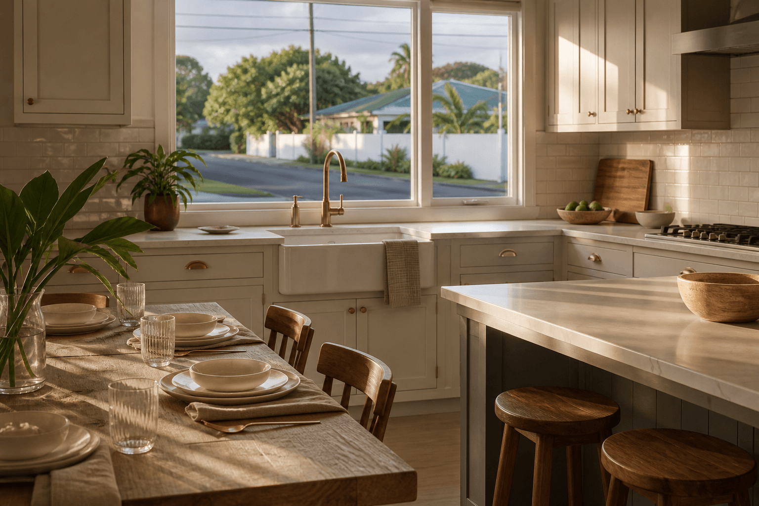 A Kōloa town house kitchen, unused ivory plates, quieter residential street through the window.